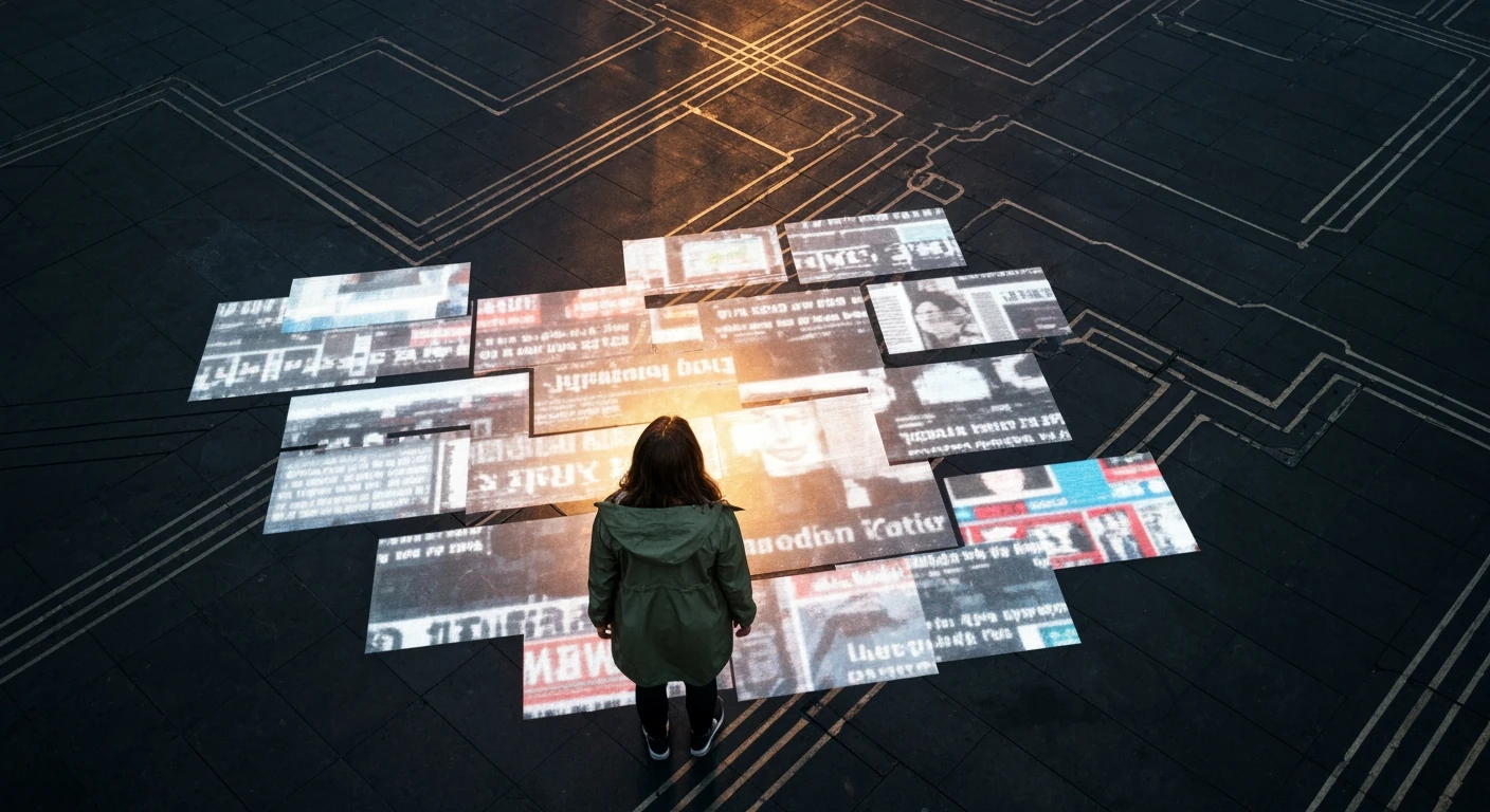 Aerial view of a person in an olive-green jacket, observing fractured digital news headlines projected onto a geometric ground pattern, symbolizing critical news consumption.