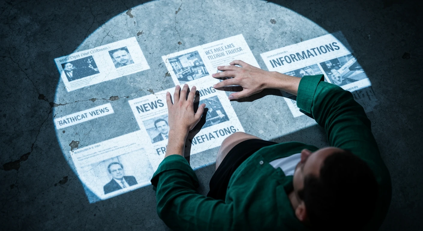 A person, seen from an overhead perspective, sorting through fragmented digital news headlines projected onto a concrete surface, symbolizing the challenge of verifying information amidst misinformation.