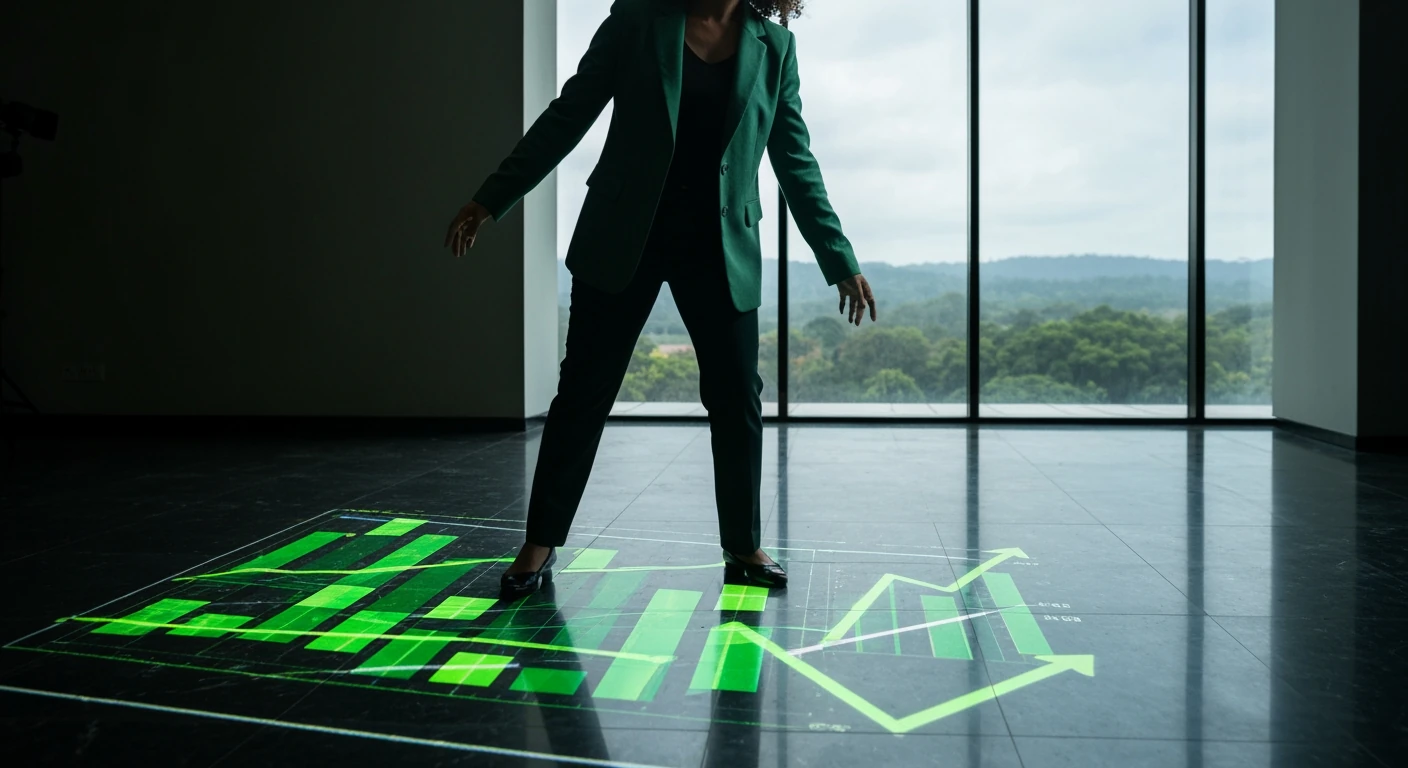 Low-angle view of a person, mid-body, wearing a forest-green blazer, observing a reflective floor displaying green geometric growth charts. A blurred Brazilian landscape is visible through a window in the background, signifying the country's economic outlook and investment opportunities.
