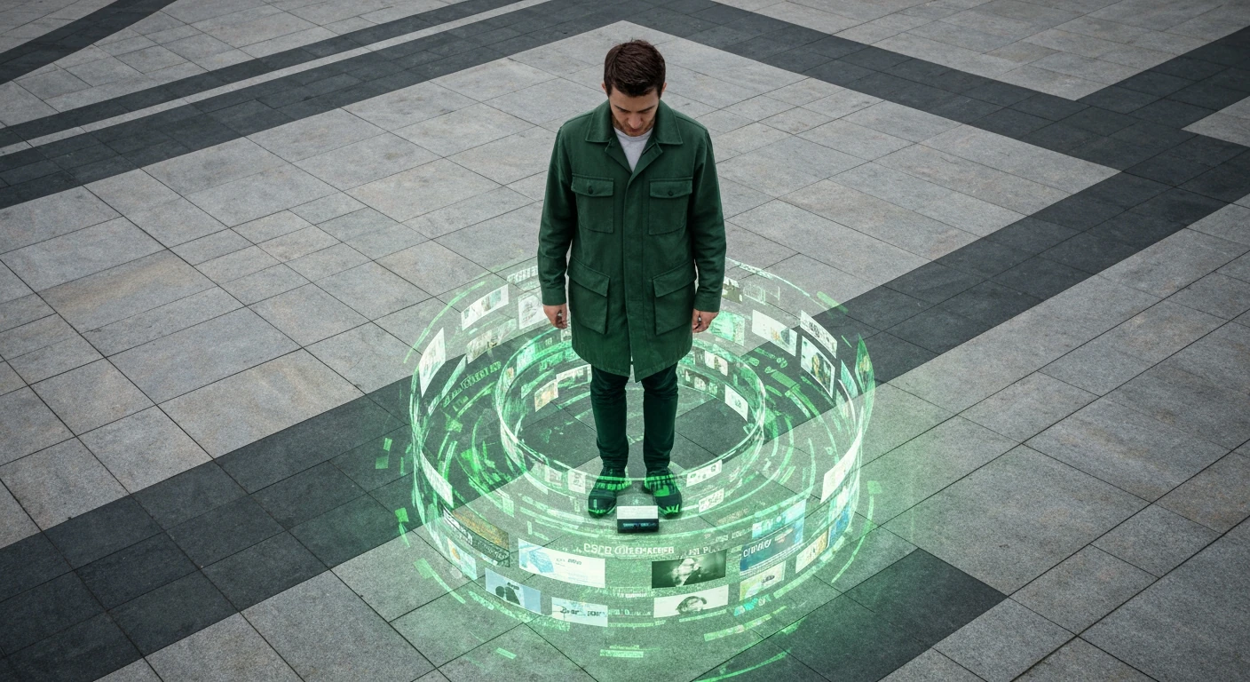 Aerial view of a person in a green jacket interacting with a holographic news feed on a geometrically patterned urban plaza, under overcast light.