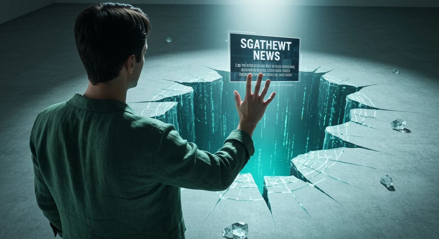 Person in a dark green jacket reaching towards a glowing, sensationalized headline over a digital chasm, symbolizing the loss of trust in news portals.