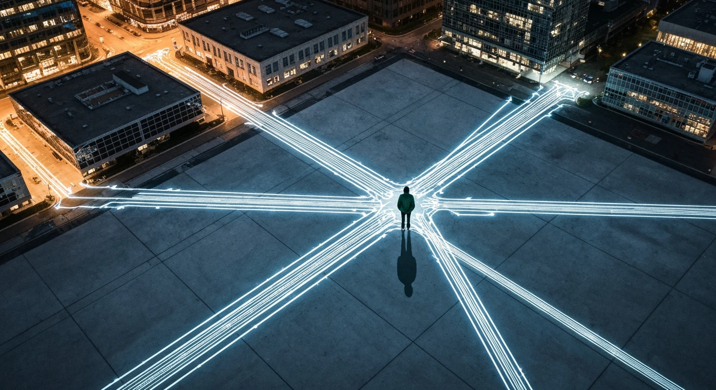 Aerial view of a person standing on a complex, glowing network of urban data pathways at twilight, symbolizing evolving news monetization strategies with converging and diverging revenue streams, shot with a drone.