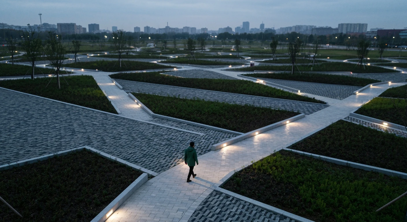 Aerial view of a person navigating a geometrically patterned park path at dawn, symbolizing an individual managing information flow. The setting represents a structured approach to news consumption amidst complexity.