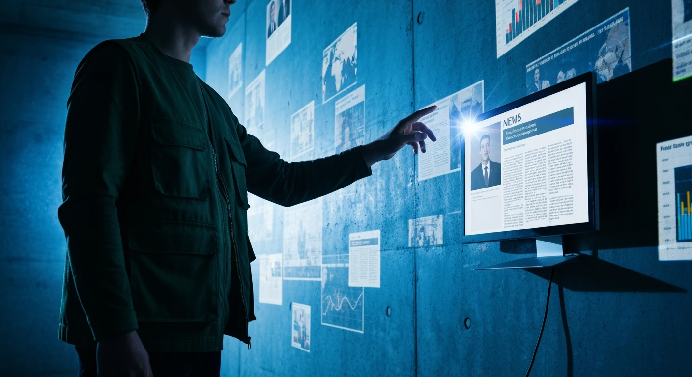 A person in a deep forest-green vest reaching for a clear news monitor, surrounded by fragmented headlines and data visualizations on a grimy concrete wall under harsh blue light, symbolizing news deconstruction.