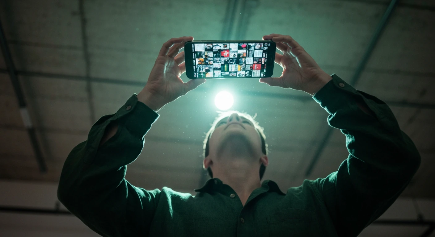 Low-angle shot of a person, wearing a forest-green shirt, looking up at a smartphone displaying fragmented news headlines, casting a green glow on their face, symbolizing information overload.