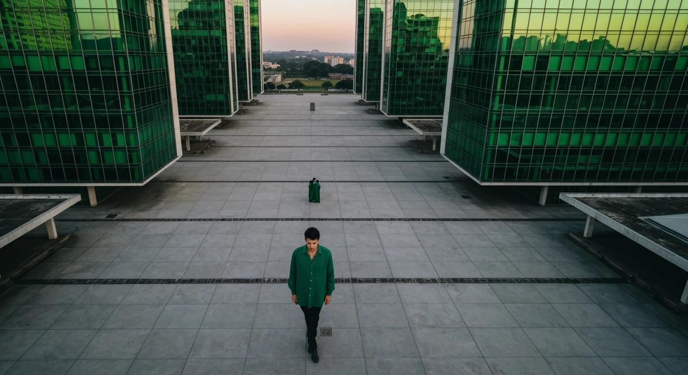 Aerial view of Brasília at dawn, featuring geometric architecture and a person in a green shirt, symbolizing Brazil's complex political and economic landscape.
