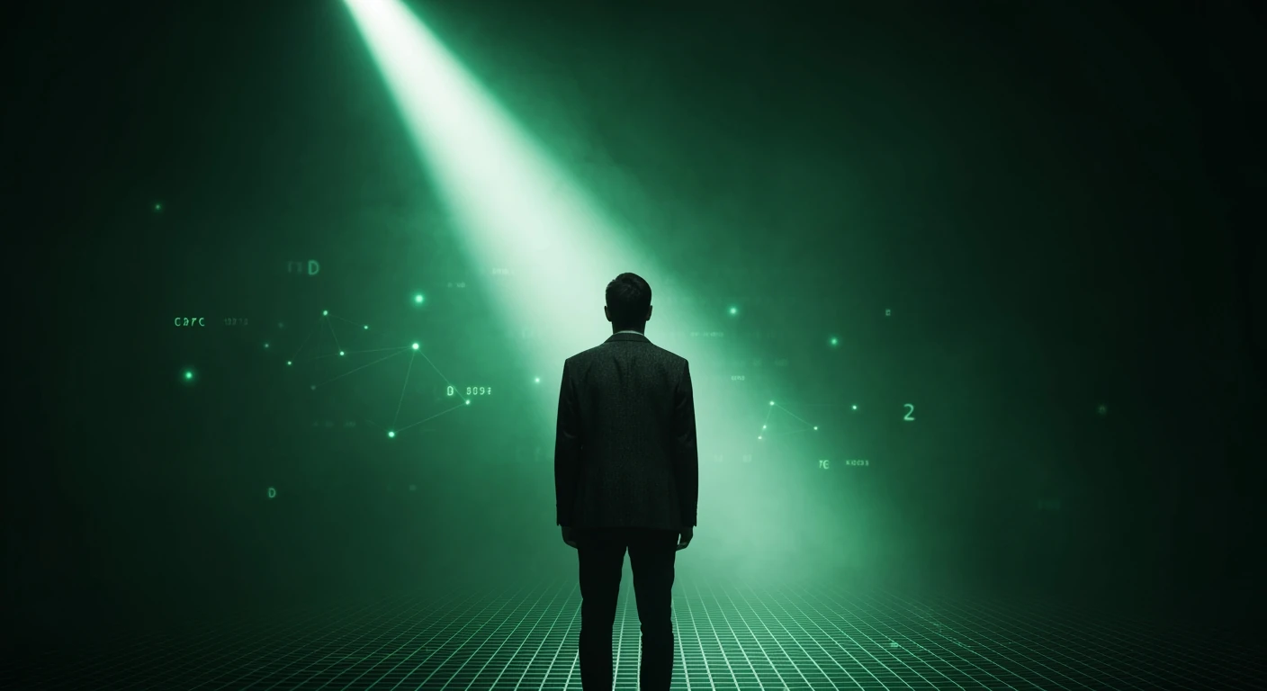A solitary figure in a dark blazer stands before a digital, green-hued fog with subtle code, illuminated by a sharp single light beam, depicting online privacy risks.