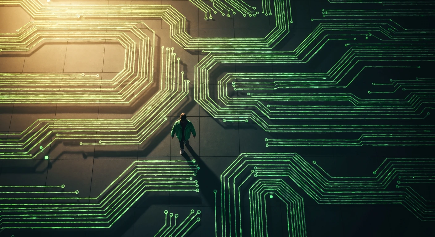 Aerial view of a person navigating a glowing green digital network, symbolizing a news portal aggregating information streams, with geometric patterns on an urban-like surface. Warm lighting, digital news concept.