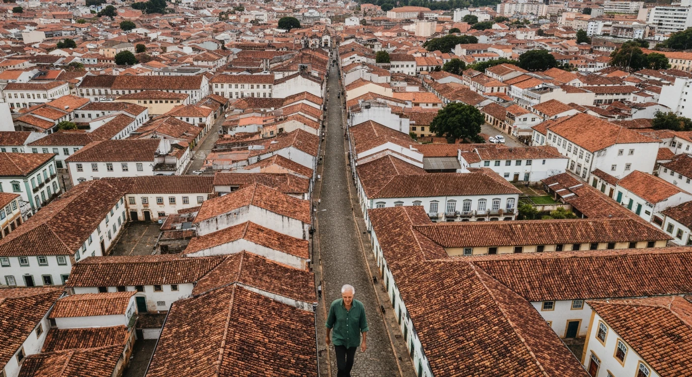 An aerial drone photograph showing the historical evolution of a Brazilian city's architecture, from colonial to modern structures, with a person walking on a winding street, under overcast skies.