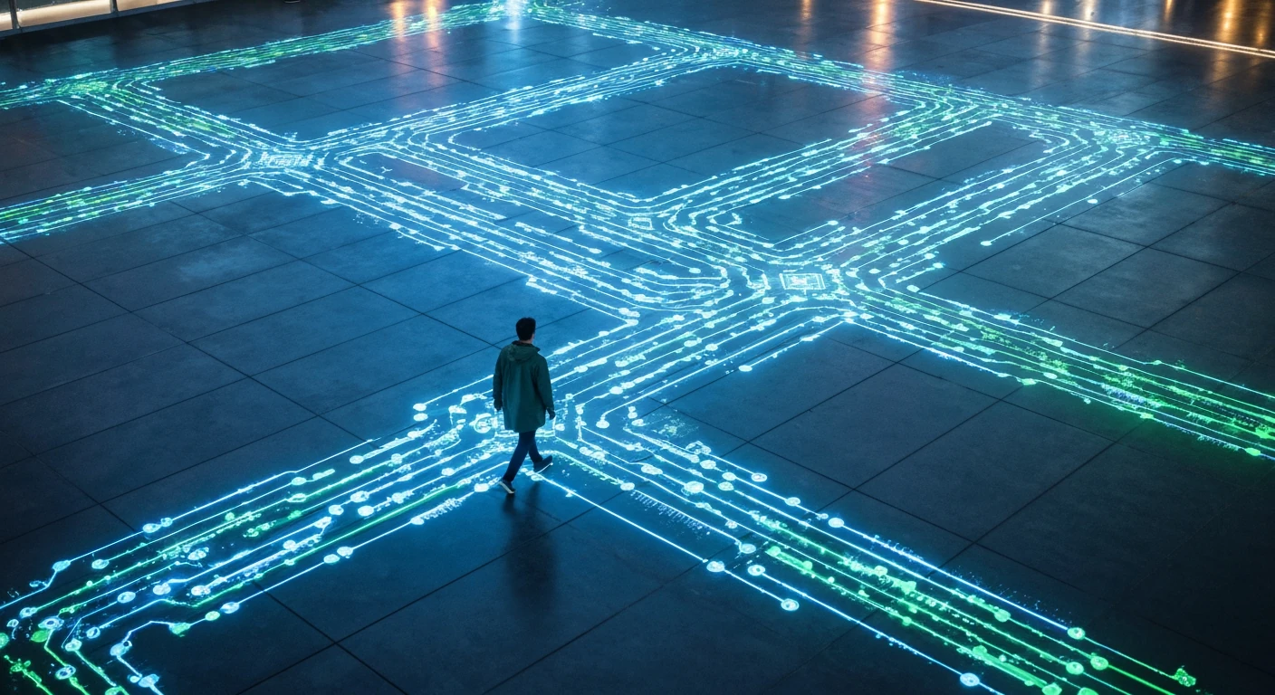 An aerial view of a person in a green jacket navigating glowing digital information pathways on a concrete surface, symbolizing advanced news SEO strategies and dynamic content indexing.