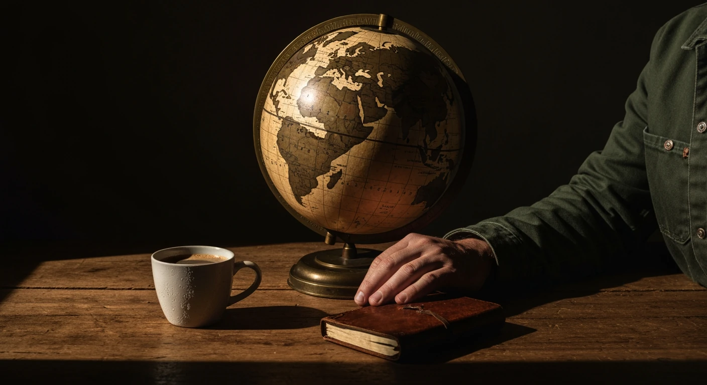 A person's hand near a vintage globe highlighting Brazil, a coffee mug, and a journal, symbolizing Brazil's global impact on daily life.