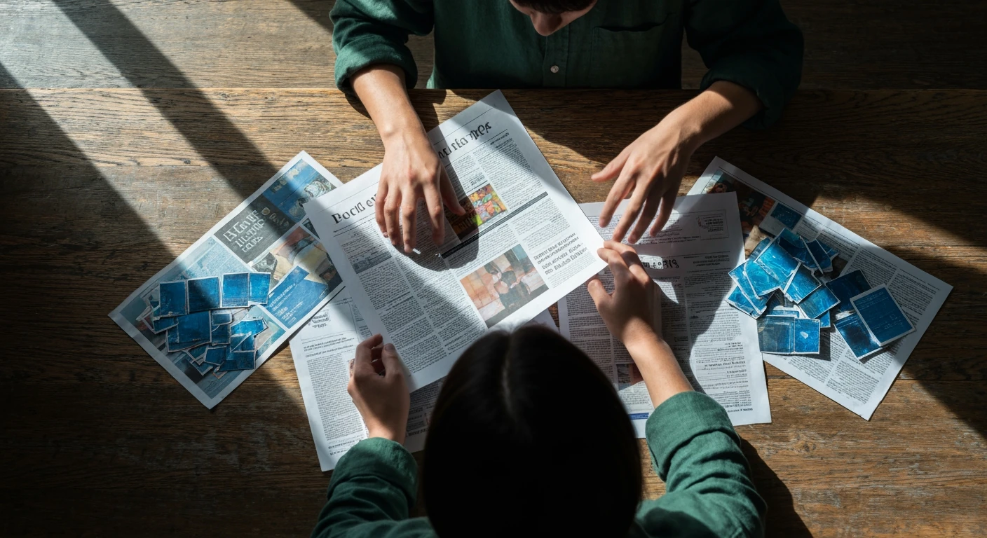 A person, from an overhead angle, sifts through a chaotic collage of printed headlines and digital news fragments on a dark wooden table, illustrating the challenge of navigating misinformation.