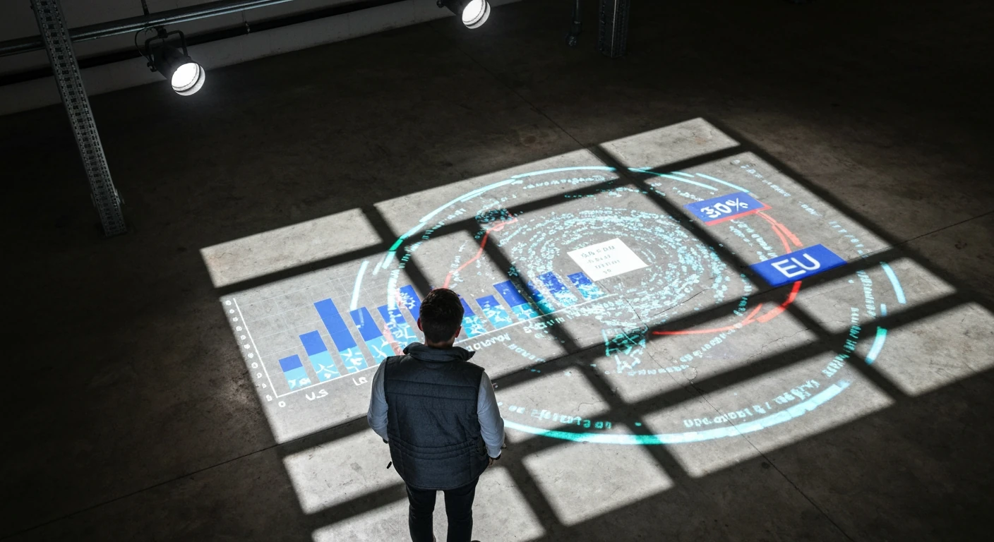 Overhead view of a person in a grey vest observing a fragmented digital projection of global economic indicators, including GDP growth rates and economic data, on a concrete floor, under industrial lighting.