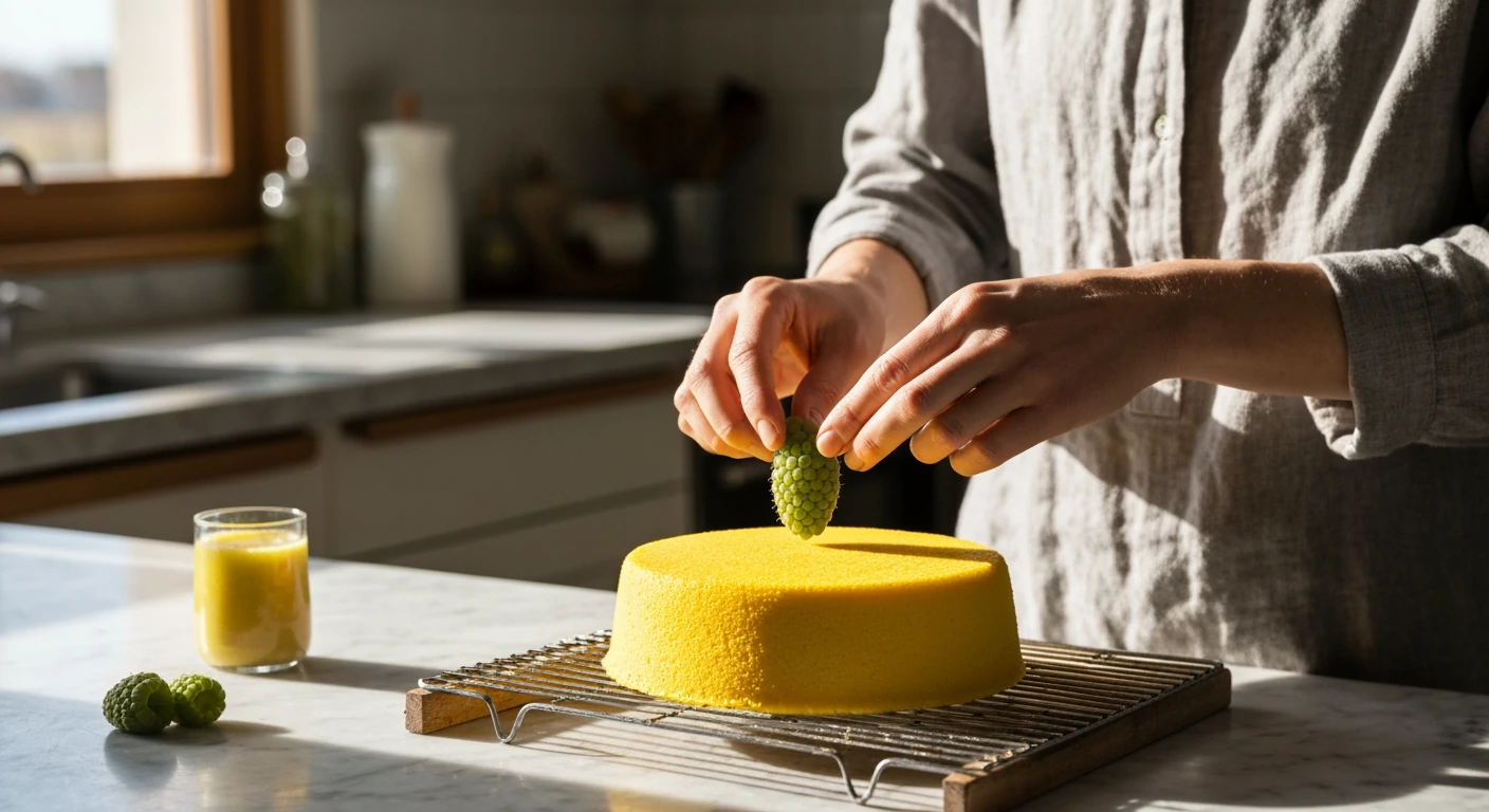 A person's hands placing a single organic raspberry on a bright yellow, artificially colored cake, illustrating the deceptive nature of greenwashing in food marketing.