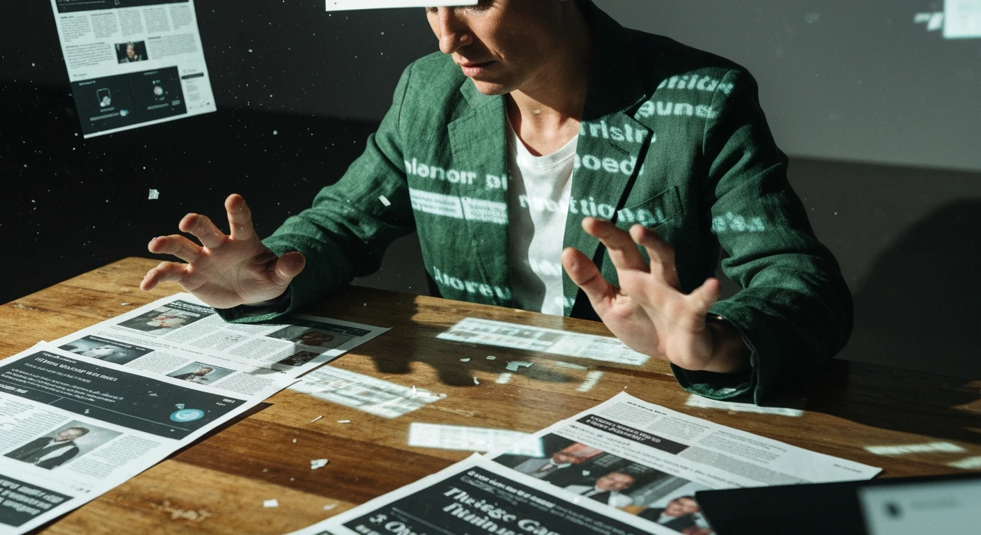 A person overwhelmed by chaotic news feeds, with fragmented headlines and digital interfaces reflecting a cool green light, emphasizing information overload and fatigue.