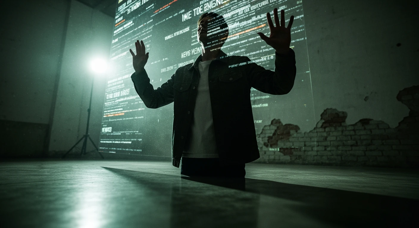 A person, seen from a low angle, appearing to fend off an overwhelming flow of glowing digital news headlines and data streams with dramatic green light, symbolizing information overload.