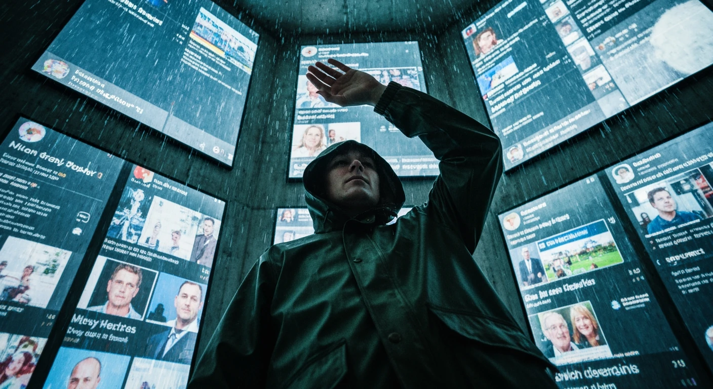 A person, seen from a low angle, shielding themselves from fragmented digital news projections on a concrete wall, symbolizing information overload and anxiety from constant updates.