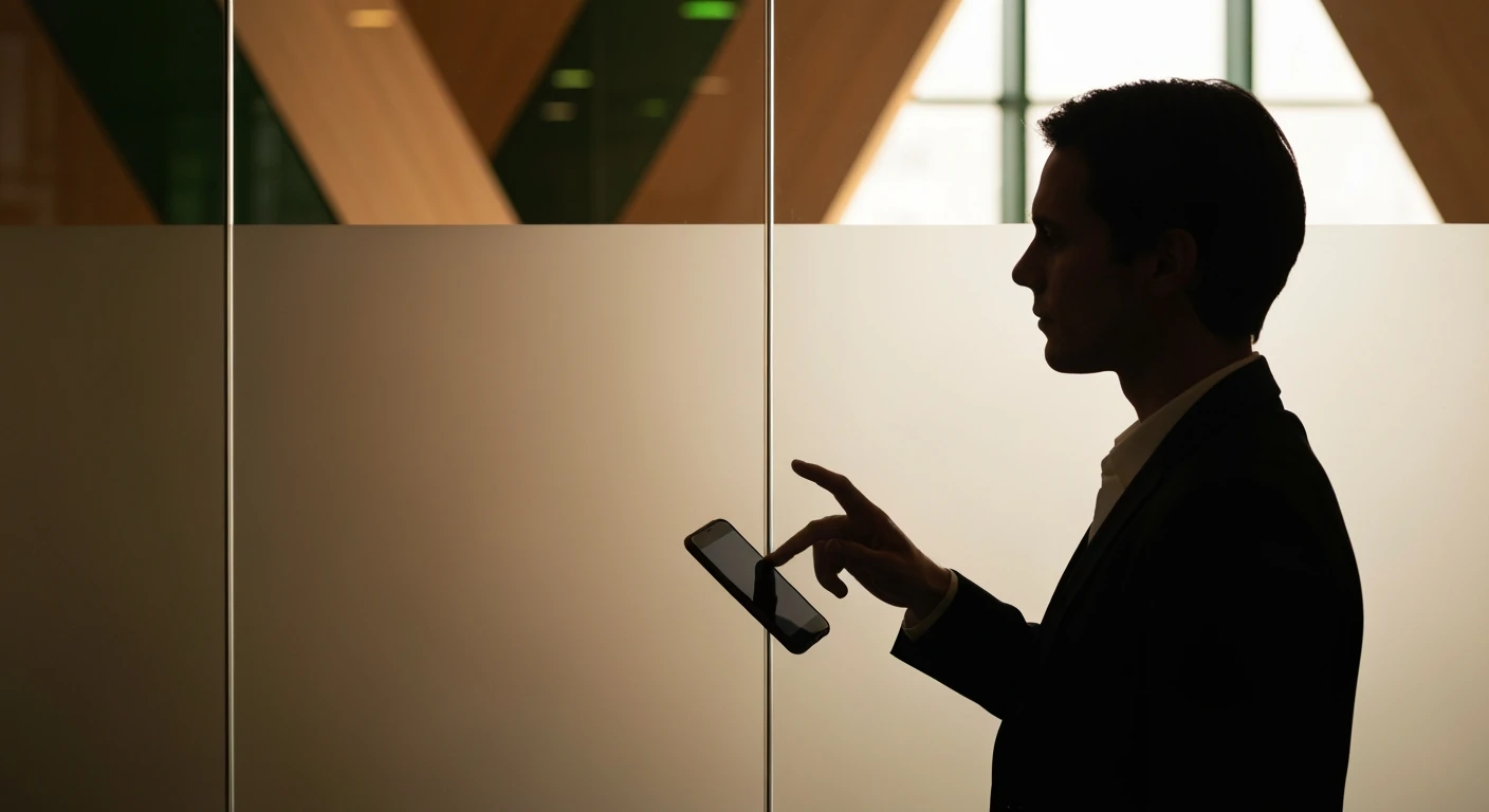 A person's silhouette against a frosted glass wall, gently lowering a smartphone, symbolizing a mindful disengagement from constant news updates.