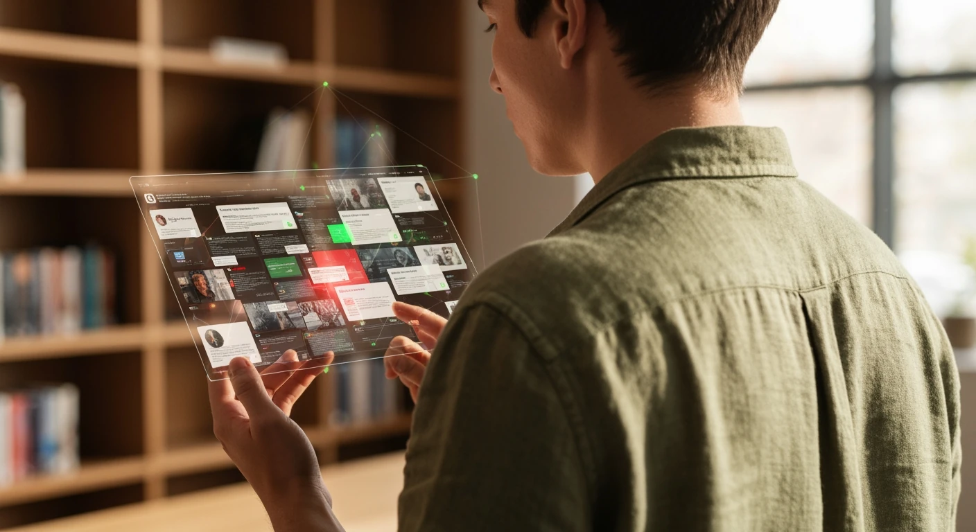 A person viewing a fragmented digital screen displaying conflicting news and social media, illustrating cognitive biases and the spread of misinformation.