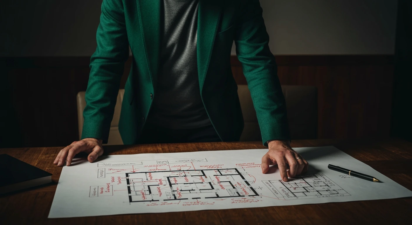 A person in a deep green blazer reviews architectural blueprints for AI process integration on a wooden table, under dramatic overhead lighting.