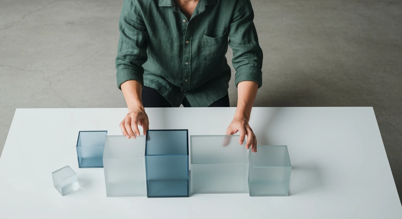 High-angle view of a person arranging frosted geometric glass blocks on a white table, symbolizing audience and content strategy for news portal software selection.
