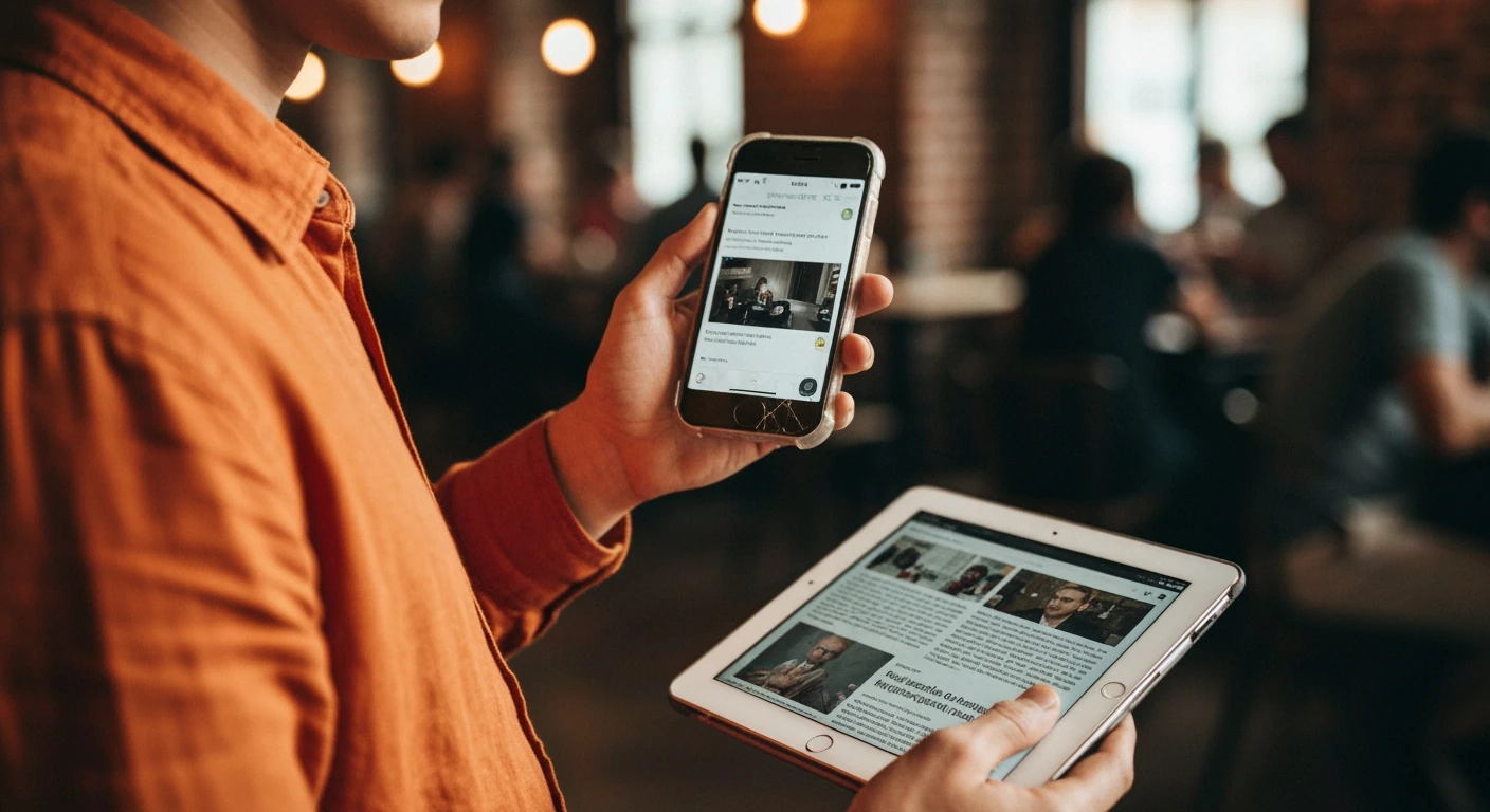 A person checking digital news on multiple devices in a cafe, showing fragmented news consumption habits.