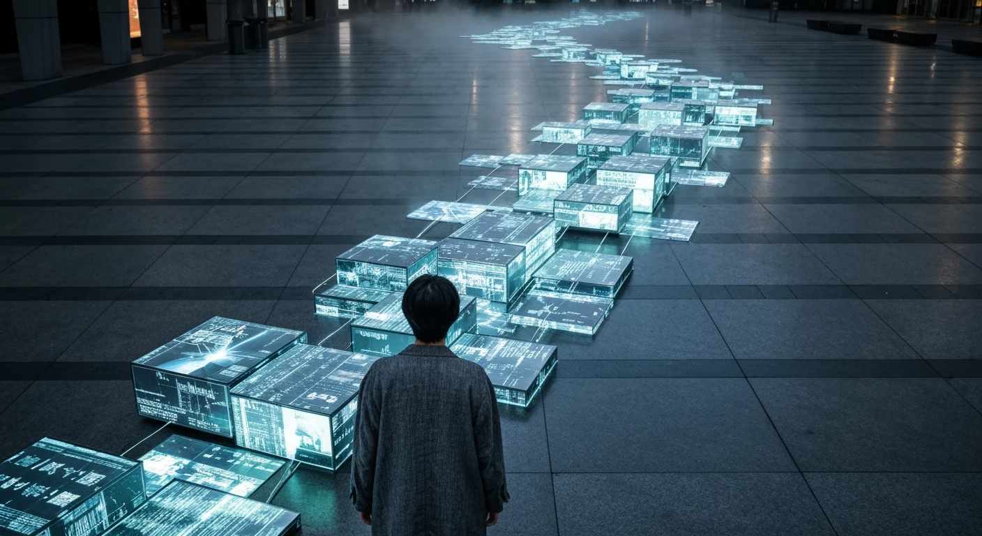 Overhead view of a person in a dark linen jacket observing a complex, glowing digital news stream flowing across a minimalist urban concrete plaza at dusk, depicting information overload.