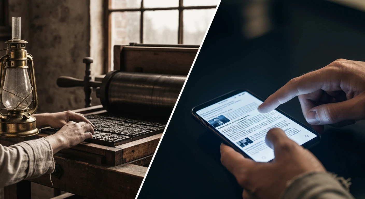 A split image showing a 15th-century printing press with hands setting type on one side, and hands swiping news headlines on a smartphone on the other, symbolizing the evolution of news.