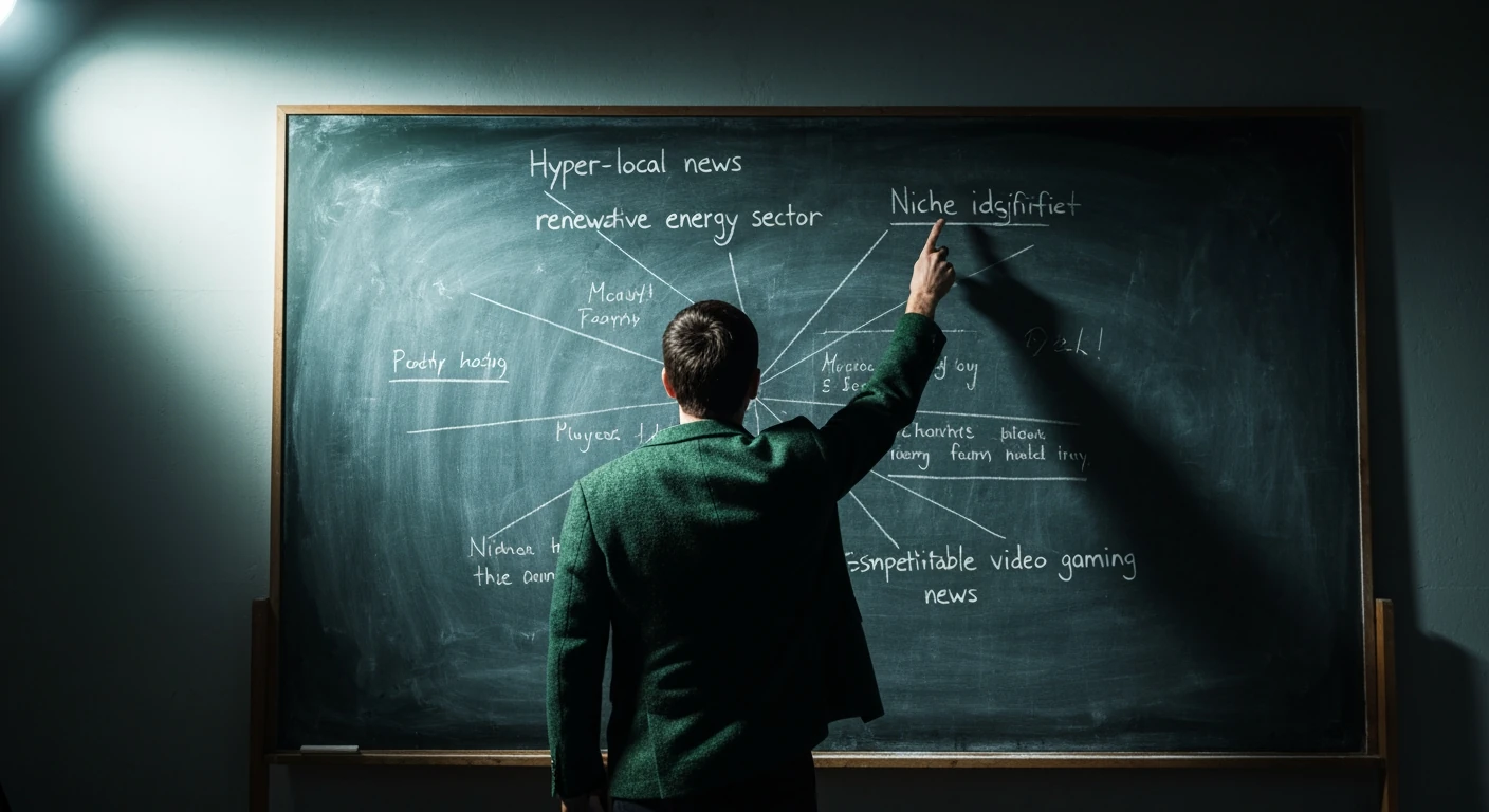 A person defining a news portal's niche and target audience on a chalk board in a dimly lit loft.