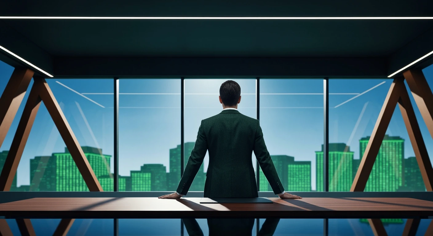 An image showing the back of a person in a dark green blazer standing at a large wooden desk, looking out at a modern cityscape, symbolizing Brazil's executive power.