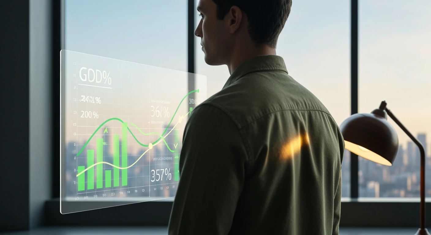Person observing a holographic dashboard with Brazil's economic indicators like GDP, inflation, and interest rates, in a minimalist study overlooking a cityscape at dawn.
