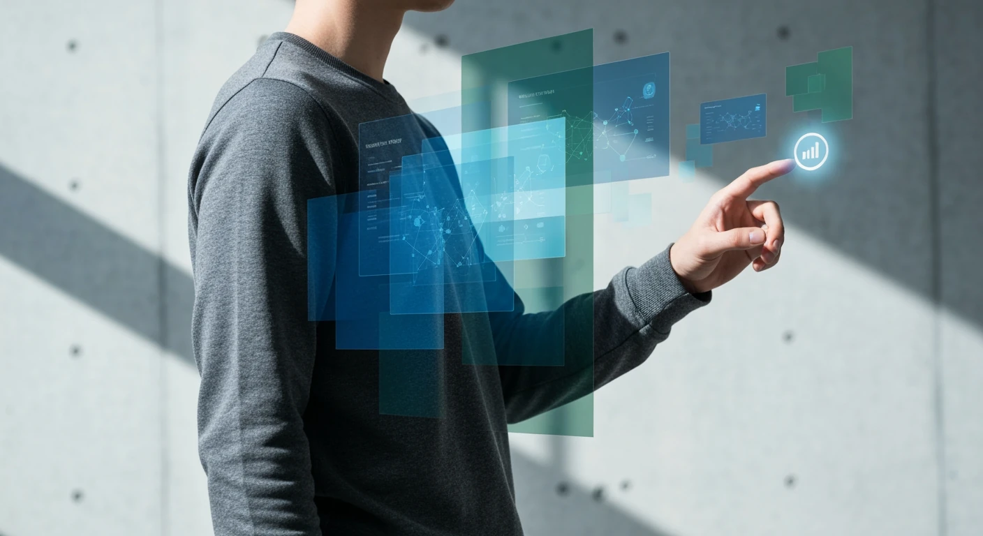 A person, partially obscured by fragmented digital interfaces in cool blue and green, reaching for a clear data point, symbolizing information overload and the search for clarity amidst digital fatigue.