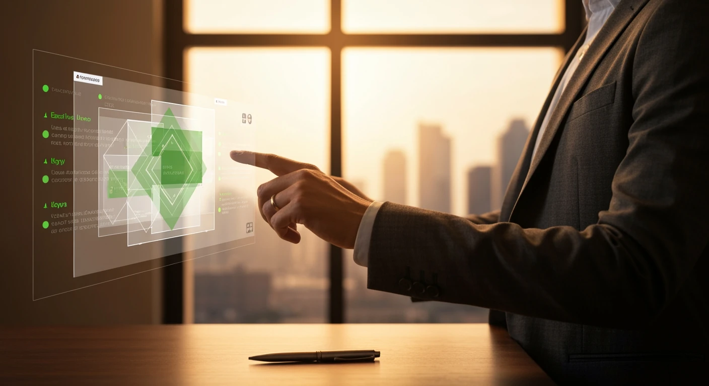 A professional in a minimalist study interacting with a holographic news display, symbolizing efficient daily news consumption and information filtering.