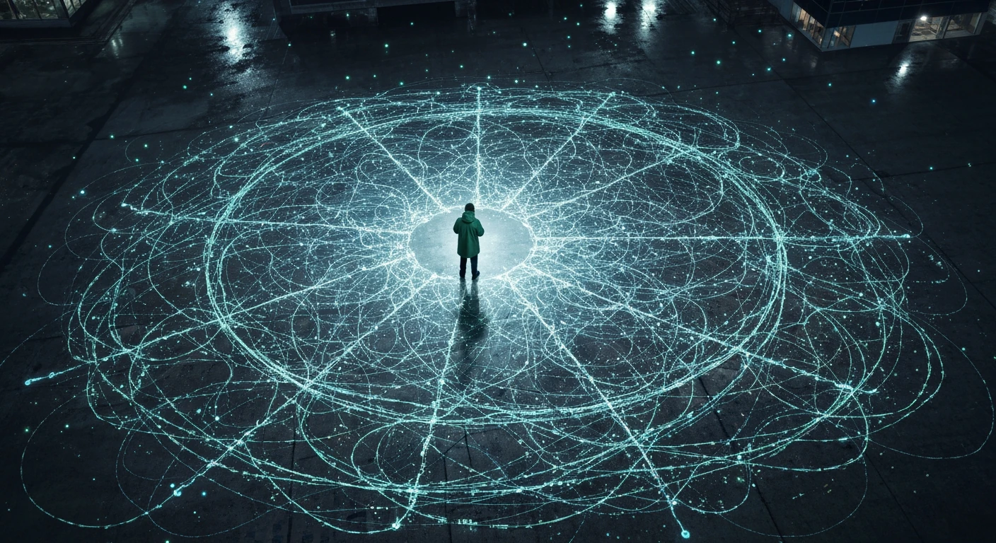 An aerial drone view showing a person navigating a swirling, chaotic network of glowing blue and green digital data streams over a dark urban landscape, symbolizing the spread of misinformation in the digital age.