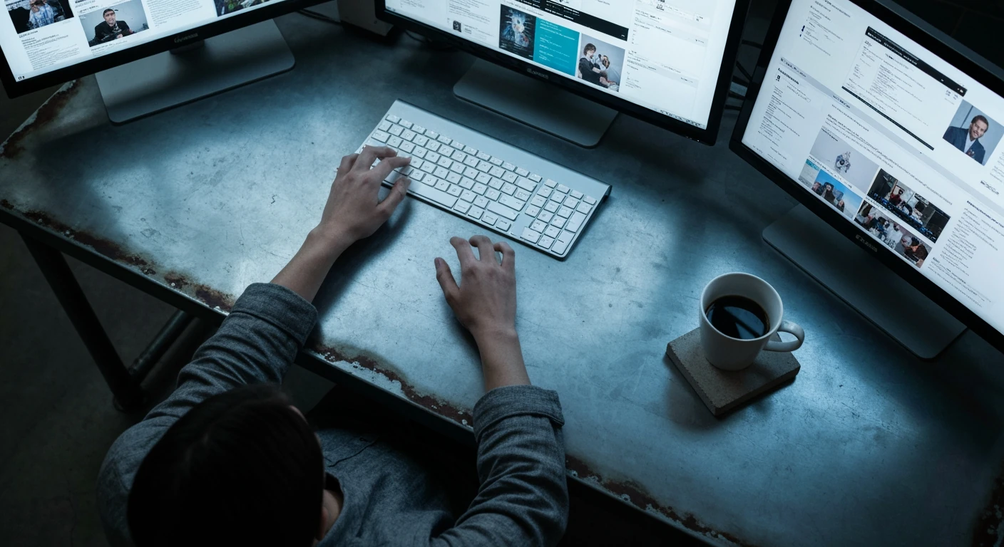 A person, mid-body, no face visible, wearing a charcoal gray linen shirt, intensely focused on multiple glowing computer screens displaying news feeds, hands blurred over a keyboard on an industrial metal desk, capturing the essence of information overload in a dimly lit co-working space.