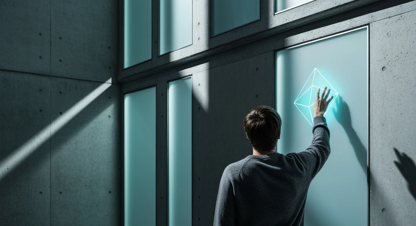 A person, seen from behind, reaching towards a glowing blue geometric shape on a large frosted glass panel, set against a minimalist concrete structure, symbolizing focused information in a complex digital environment.