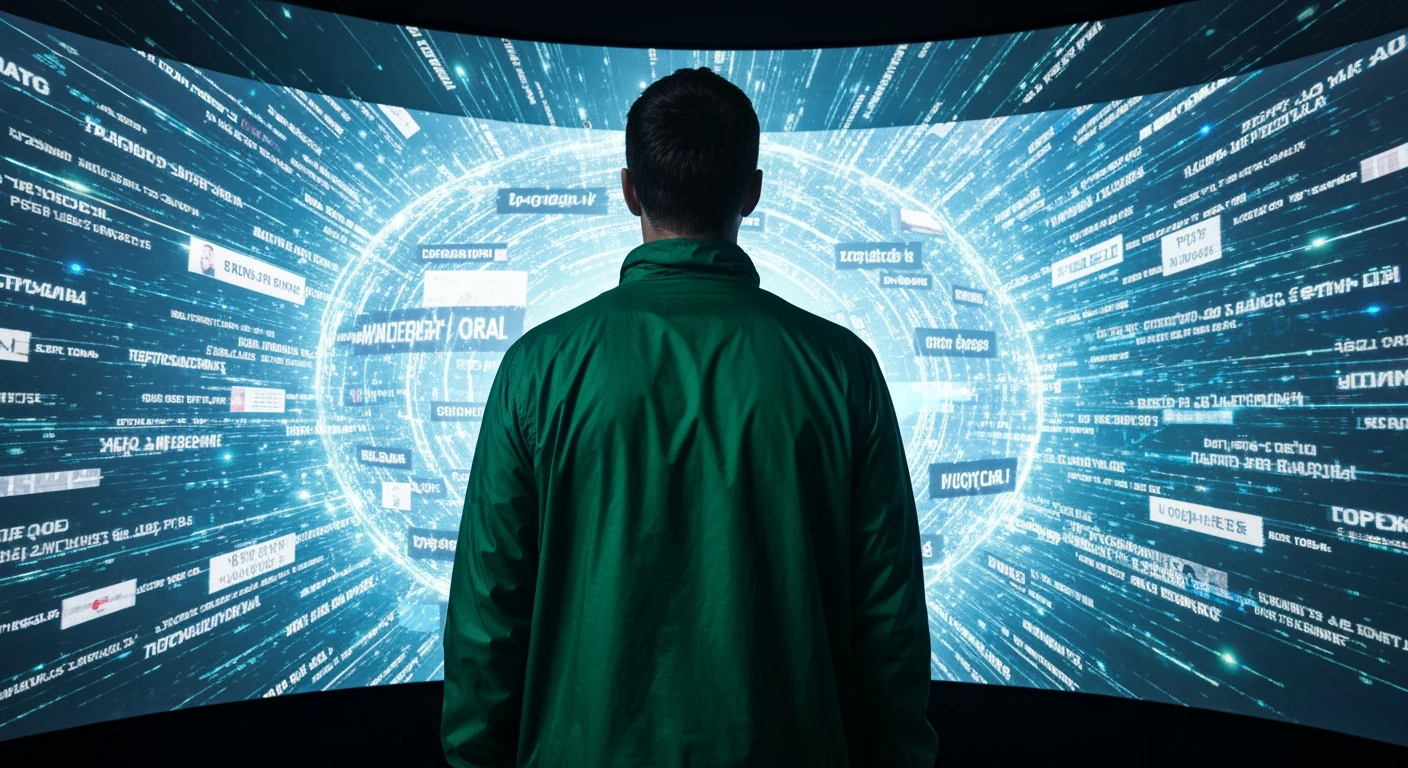 A person from behind observing a holographic screen showing swirling news streams and a central, curated 'filter bubble' of information, representing algorithmic news feeds.