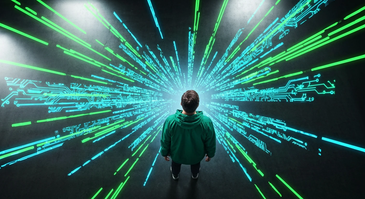 Aerial view of a person surrounded by chaotic neon green and electric blue digital data streams, symbolizing information overload and digital clutter.