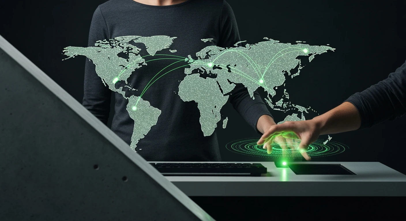 A person viewing a fragmented world map on a screen with glowing green lines, representing the global flow of breaking news and real-time data, in a modern, minimalist setting.