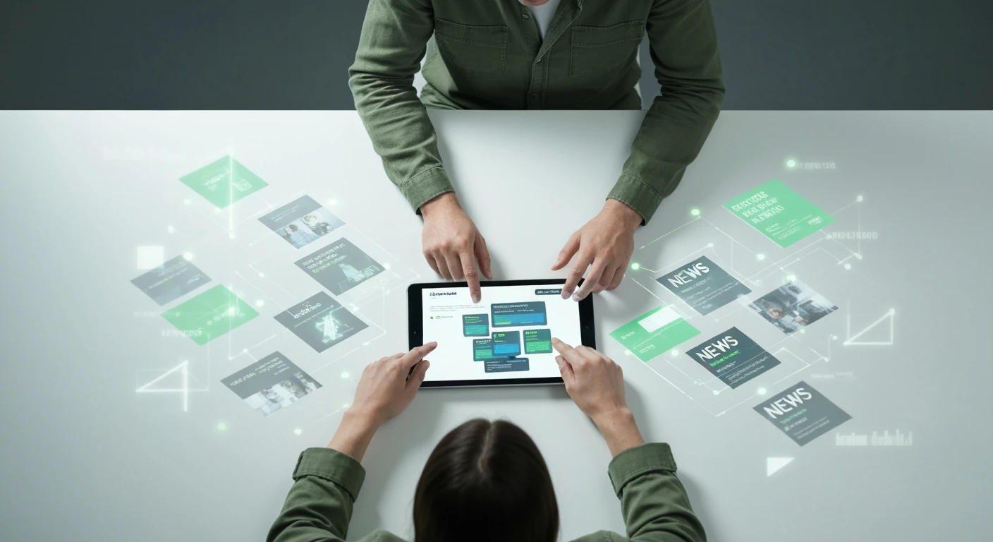 A person from a bird's-eye view, hands interacting with a tablet displaying a news aggregator app, surrounded by geometric projections of headlines, symbolizing focused news consumption and information management.