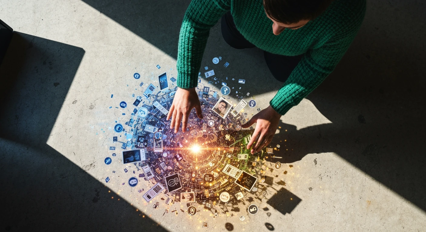 Overhead view of a person wearing a green sweater, hands unseen, visually filtering chaotic news streams into a focused, personalized information flow on a concrete surface, highlighting control over information overload.