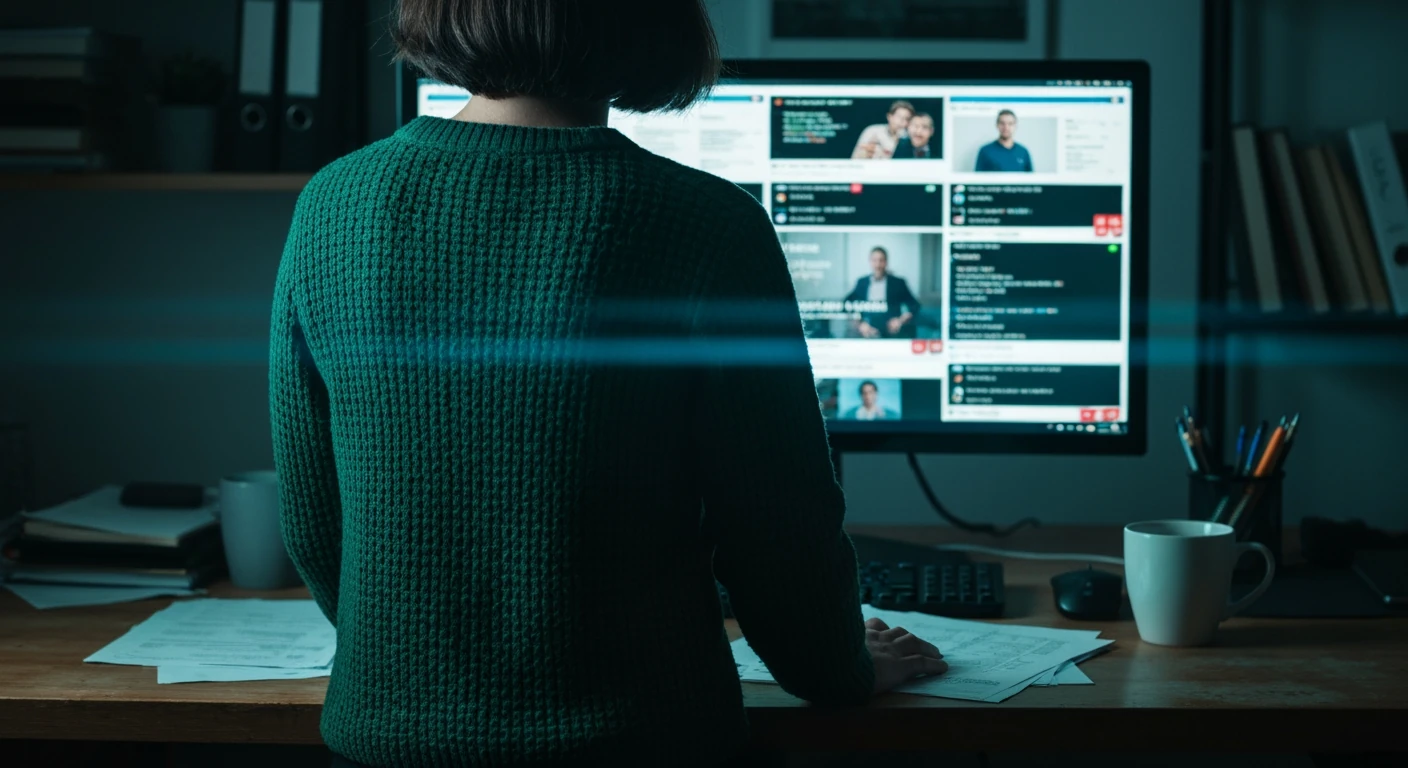 Person in a dark room overwhelmed by multiple news feeds and digital notifications on a computer screen, signifying information overload and mental fatigue.