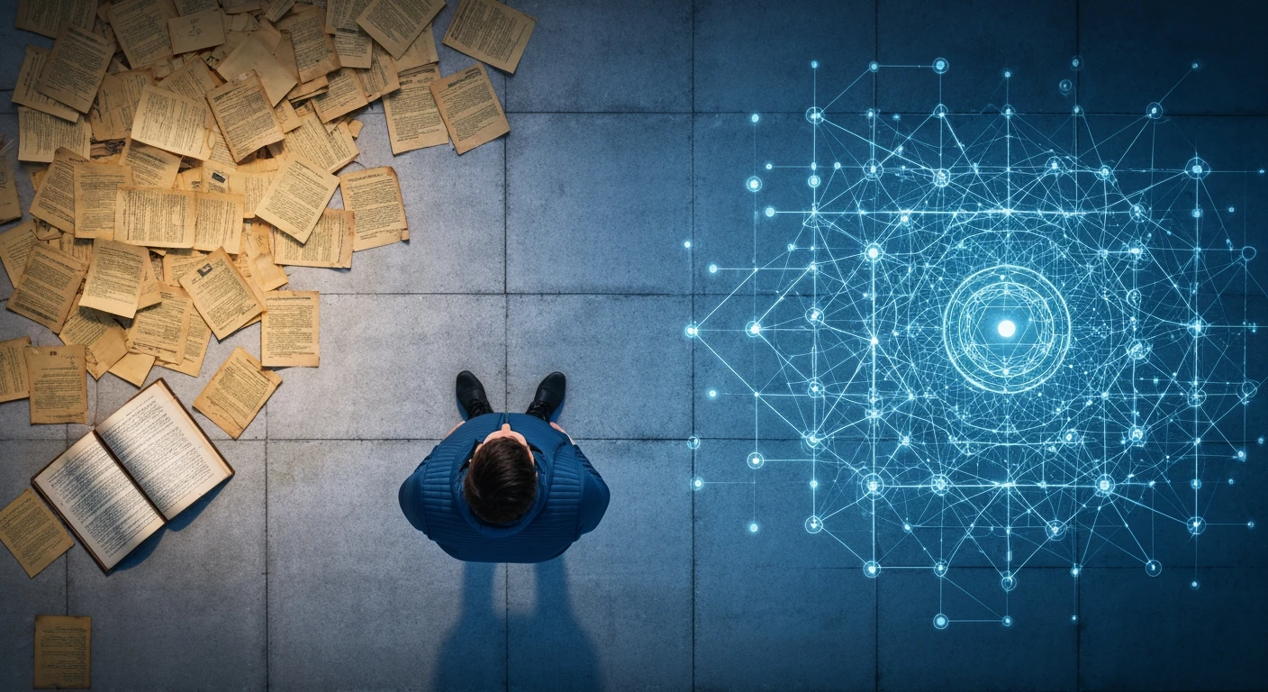 An overhead view of a person standing on a rooftop, with a blend of old paper clippings transitioning into modern digital data patterns, illustrating the evolution of news monitoring.