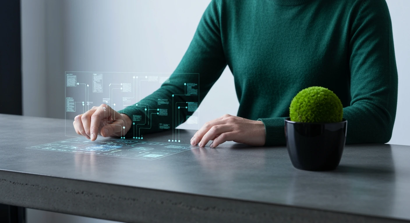 A person in a dark green sweater at a concrete desk, interacting with a holographic news feed, symbolizing curated information flow.
