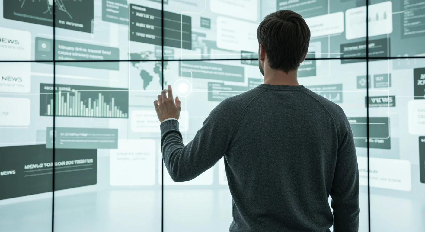 Person from behind wearing a gray sweater, reaching for a clear data point on a large, chaotic digital display filled with geometric conflicting news streams, emphasizing information overload and the challenge of verification.