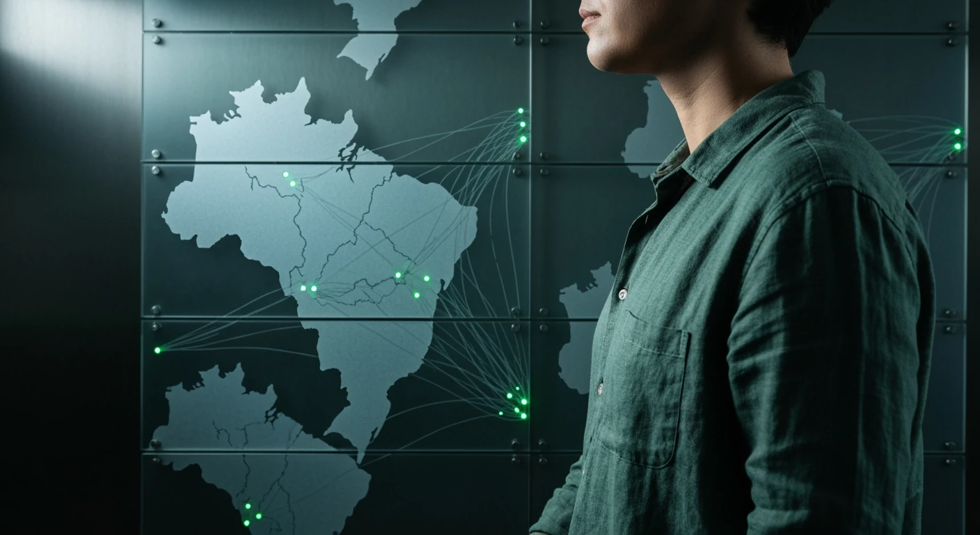 A person viewing a layered, dimly lit map of Brazil on etched glass panels, symbolizing concentrated media ownership and influence.