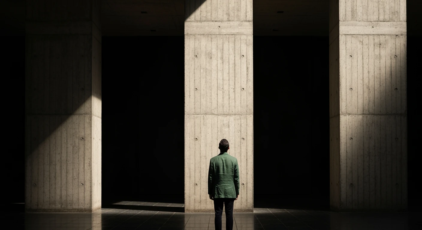 Dramatic photograph illustrating Brazil's tripartite government structure with three concrete pillars and a citizen observing, symbolizing political system comprehension.