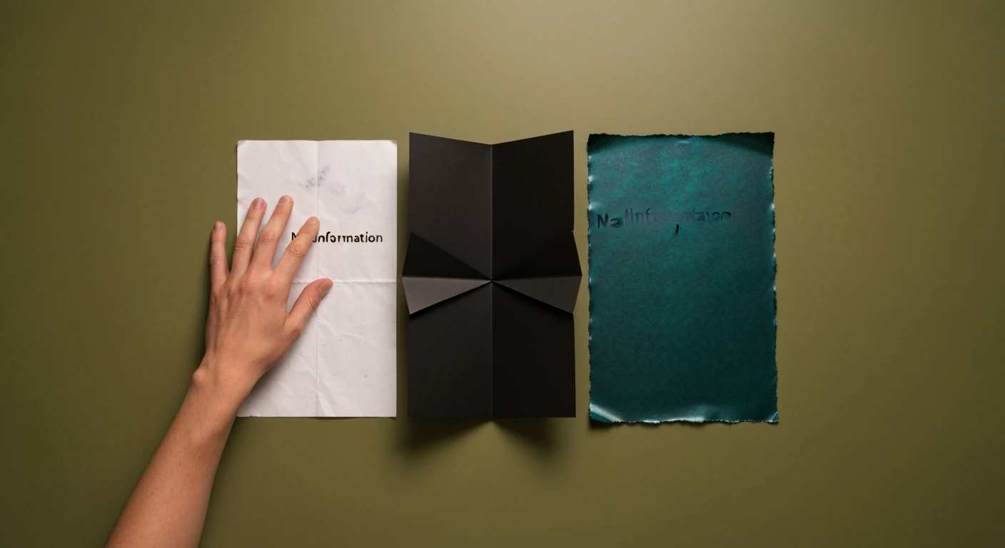 Overhead view of a hand separating three distinct paper types labeled Misinformation, Disinformation, and Malinformation on an olive-green table, depicting different forms of problematic information.