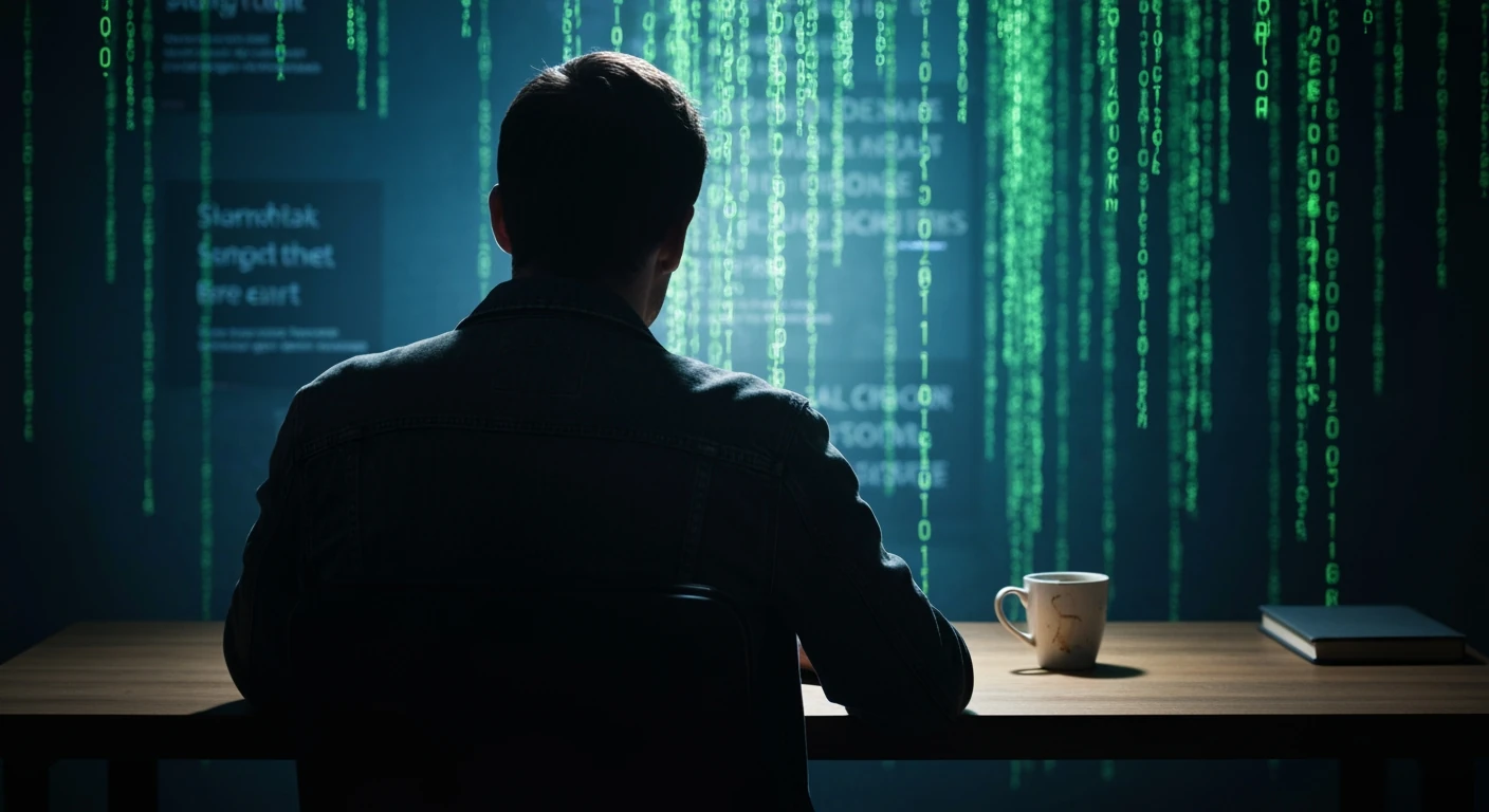 A person, seen from behind, sitting at a desk surrounded by a blurred, overwhelming cascade of digital news and data streams, emphasizing information overload and mental fatigue in the modern news landscape.