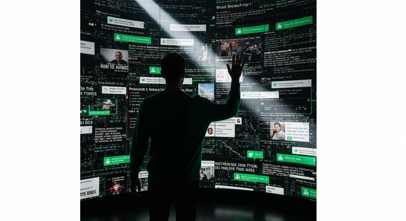 A person in a green sweater, seen from behind, standing before a large, curved wall displaying a chaotic mix of digital news feeds and social media notifications, bathed in dramatic chiaroscuro lighting.
